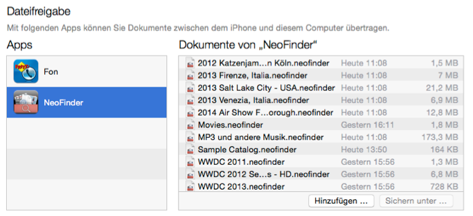 NeoFinder Dateifreigabe in iTunes